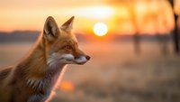 Red fox portrait at golden hour sunset with warm orange light and blurred background for wildlife photography and nature concepts.