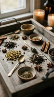 Rustic wooden tray with aromatic tea blends, spices and herbs arranged with brass spoon and bowls. Cozy candlelit atmosphere for wellness and relaxation.
