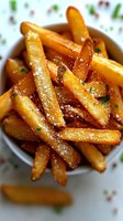 Golden crispy french fries with herbs in white bowl, delicious comfort food for restaurant menus and culinary content.