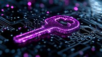 Glowing pink digital key shape on circuit board background with bokeh effects represents cybersecurity and data protection concepts in modern technology.