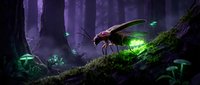 Fantasy forest scene with glowing magical bird perched on mossy branch surrounded by luminescent mushrooms and ethereal purple mist for gaming concepts.