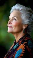 Elegant senior woman with silver hair looking up with hopeful expression, wearing colorful floral scarf and emerald earrings against blurred green background.