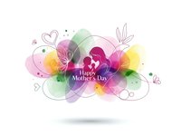 Happy Mother's Day greeting card with colorful watercolor circles, floral elements and hearts on white background for celebration design.