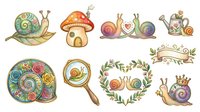 Whimsical snail characters with ornate shells and decorative details, isolated on white background. Perfect for children's book illustrations, stickers, clipart designs, greeting cards, and fabric prints.