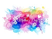 Colorful watercolor splash background with Happy Mother's Day text, decorative flowers and swirls for greeting cards and celebration designs.