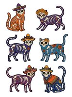 Day of the Dead cats wearing sombreros and flower crowns with skeleton bone patterns isolated on white background, ready for design use on apparel and merchandise.