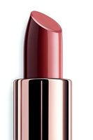 Closeup of pink nude lipstick in metallic rose gold tube against white background, isolated product photography for beauty and cosmetics marketing.