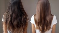 Long straight brown hair comparison showing two women from behind wearing white tops, demonstrating different hair color tones and lengths against neutral background.
