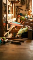 Woman weaving colorful fabric on traditional wooden loom in artisan workshop with warm natural lighting and craft supplies in background.
