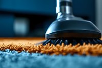 Vacuum cleaner brush head on orange and blue carpet, close-up macro shot showing texture and cleaning process in modern home interior setting.