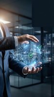 Businessman hands protecting holographic data visualization with database icons and checkmarks in modern office environment for technology presentations.