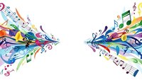 Colorful musical notes and symbols flowing in dynamic waves creating artistic composition for music themed designs and creative projects.