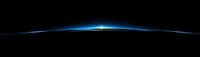 Glowing blue horizon line against black background shows atmospheric glow of Earth from space, creating minimalist celestial view of planet's curvature.