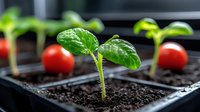 Young seedling growing in starter tray with fresh tomatoes in background, macro view showing green leaves and moist soil in garden nursery setting.