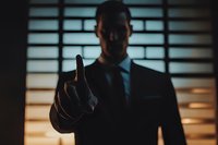 Silhouetted male professional in dark business suit and tie pointing directly at camera against illuminated window blinds backdrop, conveying authority and direct communication for corporate leadership concepts.