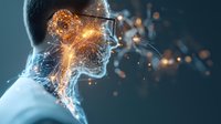 Conceptual visualization of artificial intelligence and human consciousness with glowing particles forming head profile against dark background, mind transfer concept.
