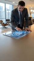 Middle-aged Caucasian male professional in formal business attire examining digital interface on tablet in modern corporate office setting with city skyline view.