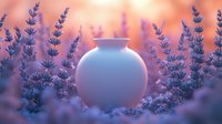 Serene ceramic vase among blooming lavender flowers at sunset, soft purple and orange tones create dreamy atmospheric garden scene with blurred background.