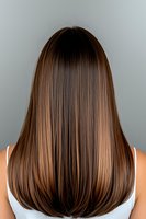 Back view of woman with straight, glossy brown hair featuring subtle highlights against neutral gray background.