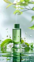 Green glass cosmetic bottle with white flowers and water drops reflecting in rippled surface, fresh leaves and natural elements for spa and beauty products.
