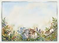 Watercolor woodland animals frame with cute mice, rabbits and forest plants creating decorative border for invitations, cards and nature designs.