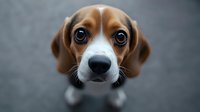 Adorable beagle puppy with big expressive eyes looking up at camera against blurred background, capturing innocent and pleading expression in close-up portrait.