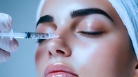 Young woman receiving cosmetic injection procedure in cheek area with syringe, close up view in blue toned lighting, wearing white headband.
