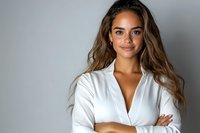Young Hispanic woman with long wavy brown hair wearing white shirt crosses arms confidently while smiling at camera against neutral gray background.