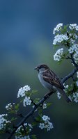 Small sparrow perched on flowering branch with white blossoms against soft blue sky background in spring garden setting for nature photography.