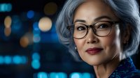 Elegant mature Asian woman with silver hair and glasses smiling confidently against blurred city lights background, wearing blue traditional pattern dress. Professional portrait.