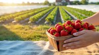 Fresh ripe strawberries in wooden basket held by hands with agricultural field rows in background during golden hour harvest time.