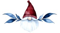Watercolor Christmas gnome with white beard and red hat, decorated with blue leaves on sides, isolated on white background for holiday designs and cards.