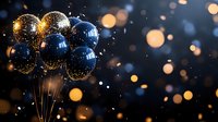 Festive navy blue and gold balloons against dark background with magical bokeh lights and glitter sparkles creating luxurious holiday atmosphere.