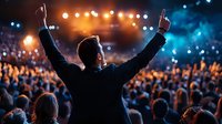 Male performer with raised arms facing crowd at music concert, silhouetted against orange stage lights and blue atmosphere, audience holding phones.