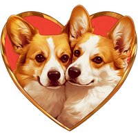 Two loving Pembroke Welsh Corgi dogs in red heart frame, romantic pet portrait with golden border. Suitable for Valentine cards and pet-themed designs.