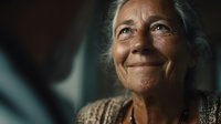 Elderly woman with warm smile and weathered face showing wisdom and life experience in soft natural lighting for storytelling and emotional content.