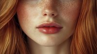 Close up portrait of young woman with natural freckles, ginger hair and pink glossy lips showing natural beauty and pure skin texture for cosmetic advertising.