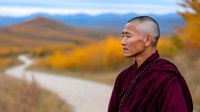 Asian male monk in traditional burgundy robes gazing at mountain landscape with winding road and autumn foliage, expressing serenity and contemplation against scenic nature backdrop.