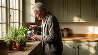 Senior Caucasian man watering herbs in cozy kitchen with natural sunlight streaming through windows creating warm atmosphere for cooking and gardening.