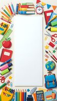 School supplies frame with blank white center space surrounded by colorful pencils, markers, books, alarm clock, apple, globe, backpack, scissors, and paper clips on white background for educational design projects.