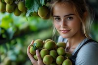 Young Caucasian woman farmer holding fresh green apples during harvest season, smiling while working in orchard garden with natural bokeh background.