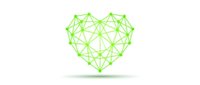 Green geometric heart shape made of connected lines and dots on white background for love technology design concepts.