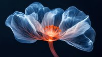 Ethereal glowing flower with translucent blue petals and luminous orange center against dark background, artistic nature photography style macro shot.