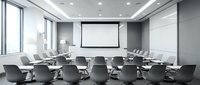Modern corporate conference room with large white screen, gray chairs around oval table, floor-to-ceiling windows, minimalist design for business meetings.