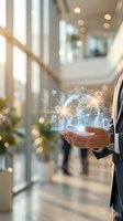 Businessman holding holographic globe with digital network connections and data analytics in modern office lobby for global business technology concepts.