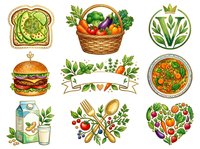 Avocado toast on whole grain bread, fresh vegetable basket, organic produce, hamburger, soup bowl, milk carton, utensils with vegetables, and heart-shaped salad arrangement for healthy eating designs.