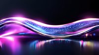Luminous wave with purple and blue neon glow effect reflecting on water surface against dark background, abstract modern design element with light particles.