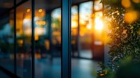Atmospheric evening scene with blurred bokeh lights through glass windows, reflecting golden sunset glow, with decorative green plants in foreground creating depth and ambiance.