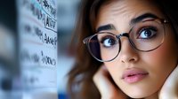 Young woman in glasses reading text on transparent board, close up portrait with soft focus background. Professional office environment concept.