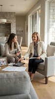 Two women having a professional consultation meeting in a modern living room with neutral furnishings, discussing documents and business matters in a bright residential interior space.
